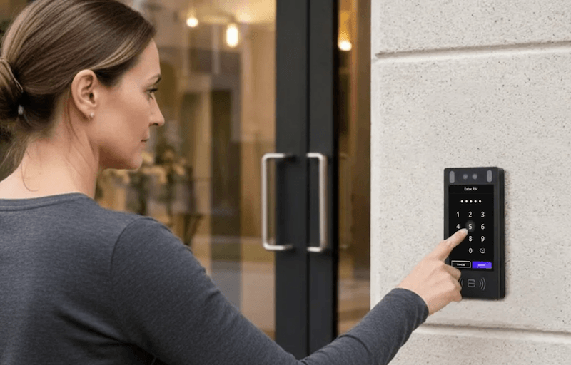 woman using an intercom system 