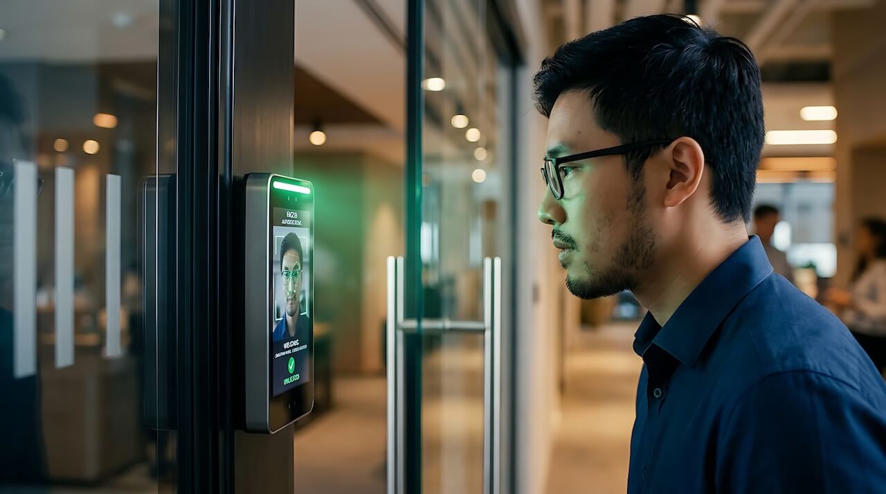 Man using facial recognition scanner on glass door