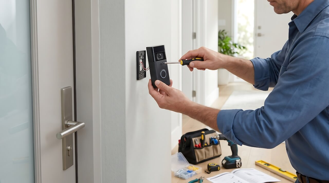 Handyman installing a wireless smart video doorbell on a house wall for home security and surveillance