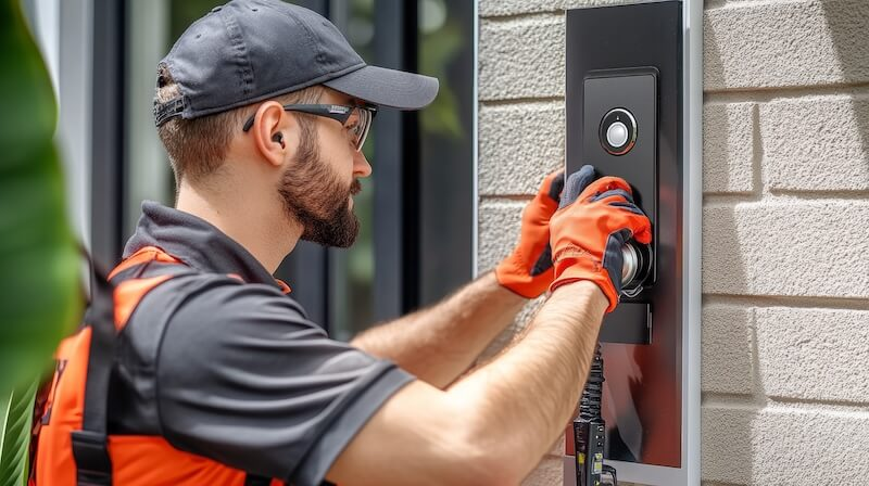 Technician installing an intercom system on a residential front door 