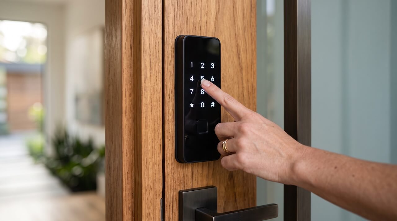 Person unlocking modern digital home security system. 