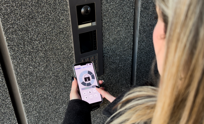woman using an intercom system