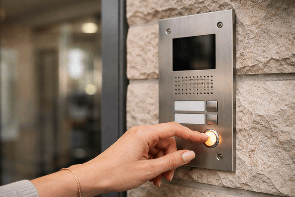Apartment doorbell intercom system in use