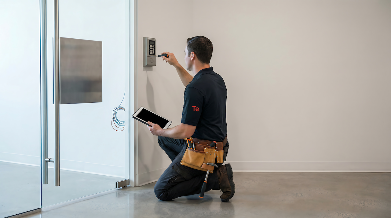 Technician installing door access control system