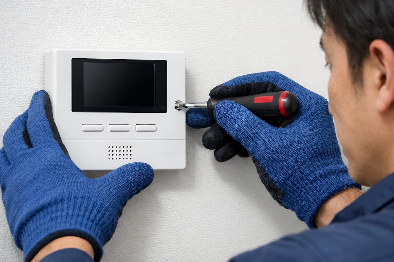 worker uses a screwdriver to secure the wall-mounted intercom monitor