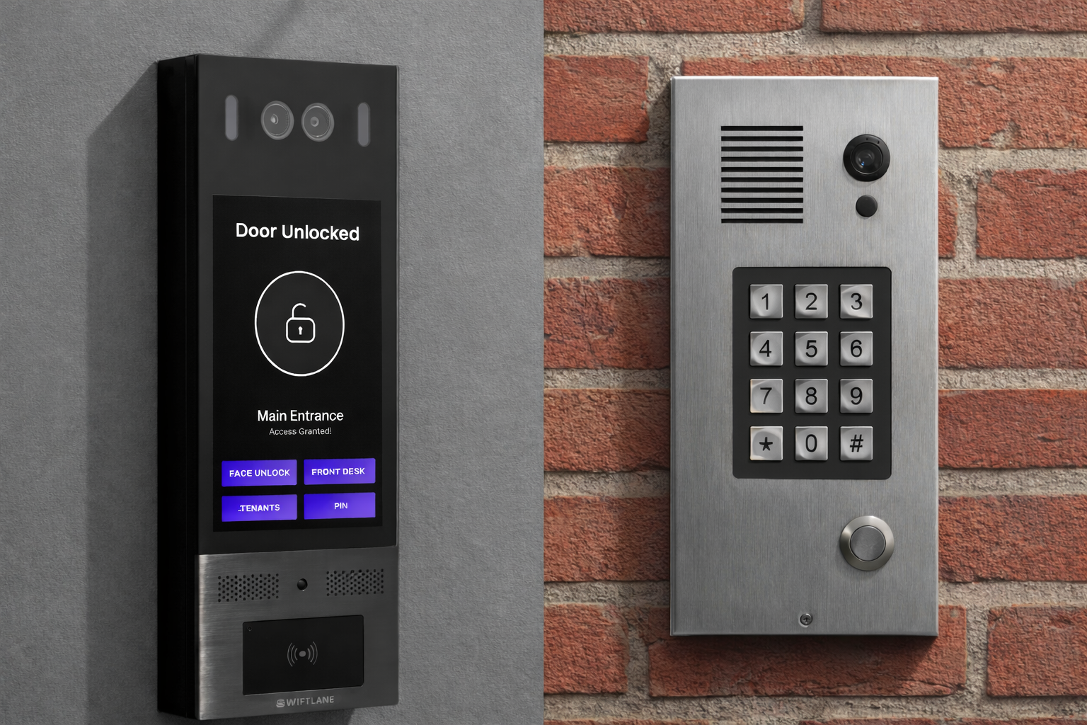smart intercom mounted on a gray concrete wall and traditional intercom mounted on a brick wall
