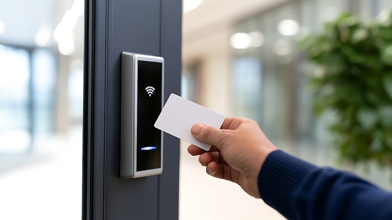 Person scanning smart card at electronic door lock reader in modern office building 