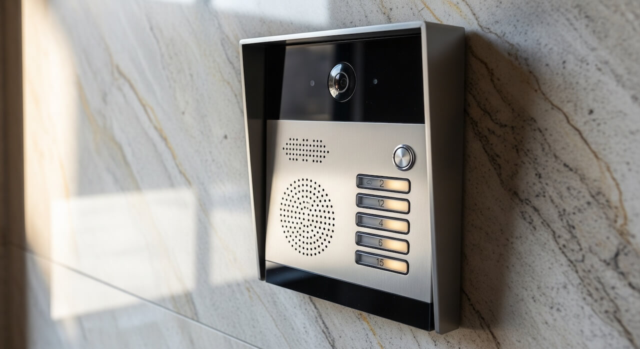 A metallic outdoor intercom system with a camera, speaker, and call buttons mounted on a marble wall 