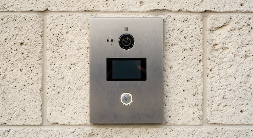 modern brushed metal intercom system with camera and screen on a textured wall