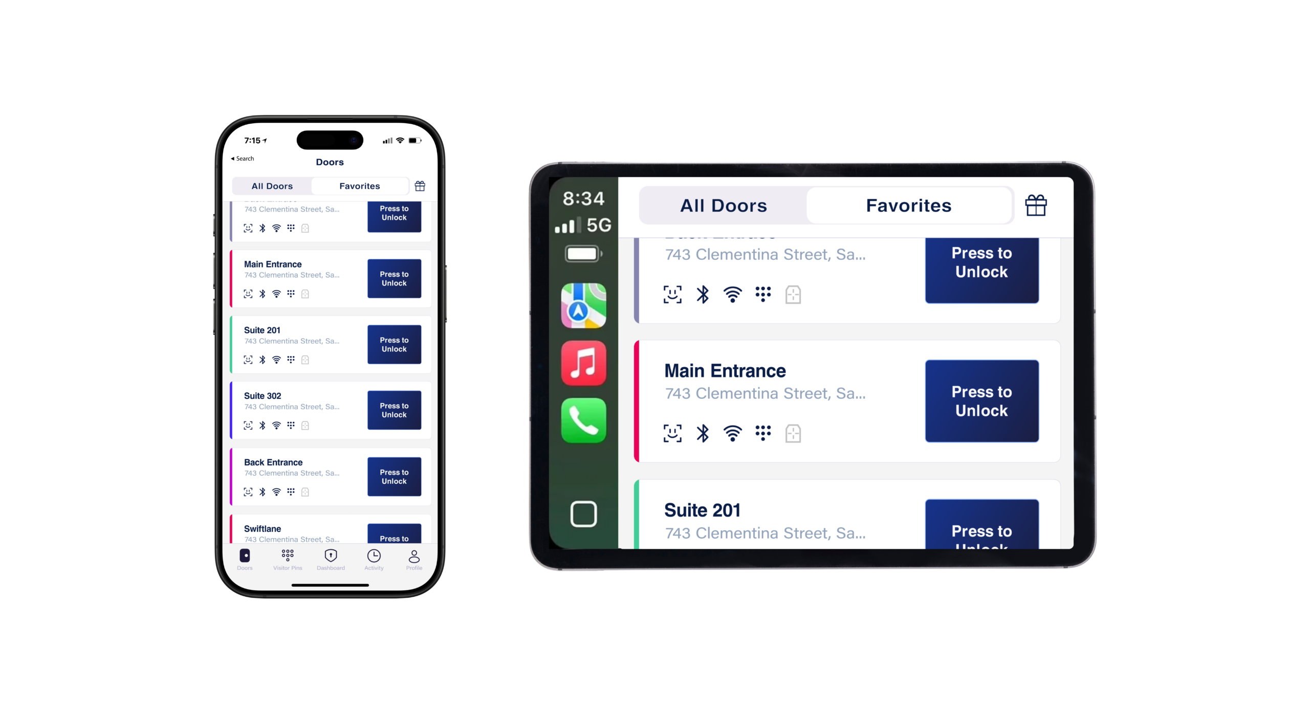 mockup of swiftlane vehicle access flow on mobile and carplay screens