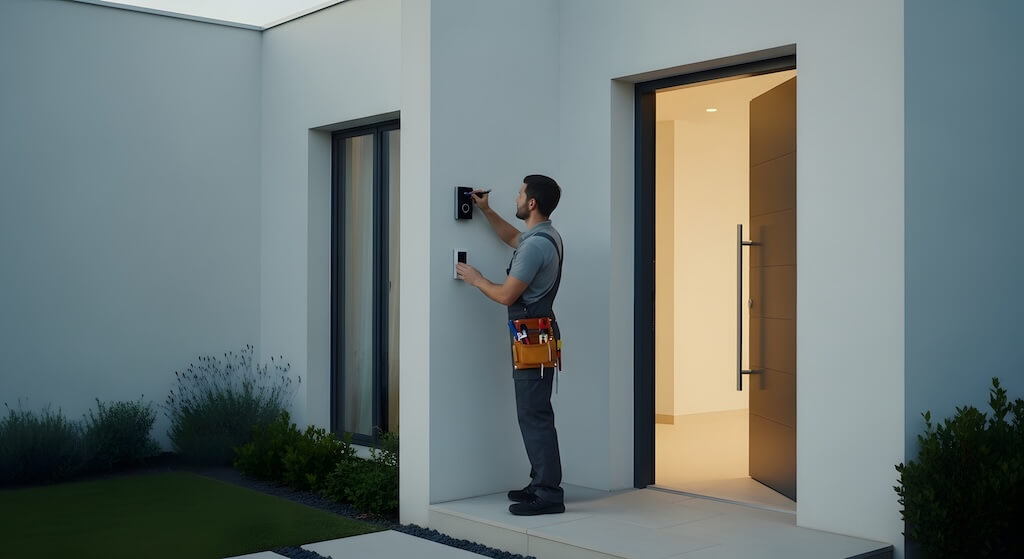 Smart home technician installing security system or intercom on modern house exterior wall