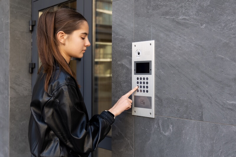 woman presses intercom buttons
