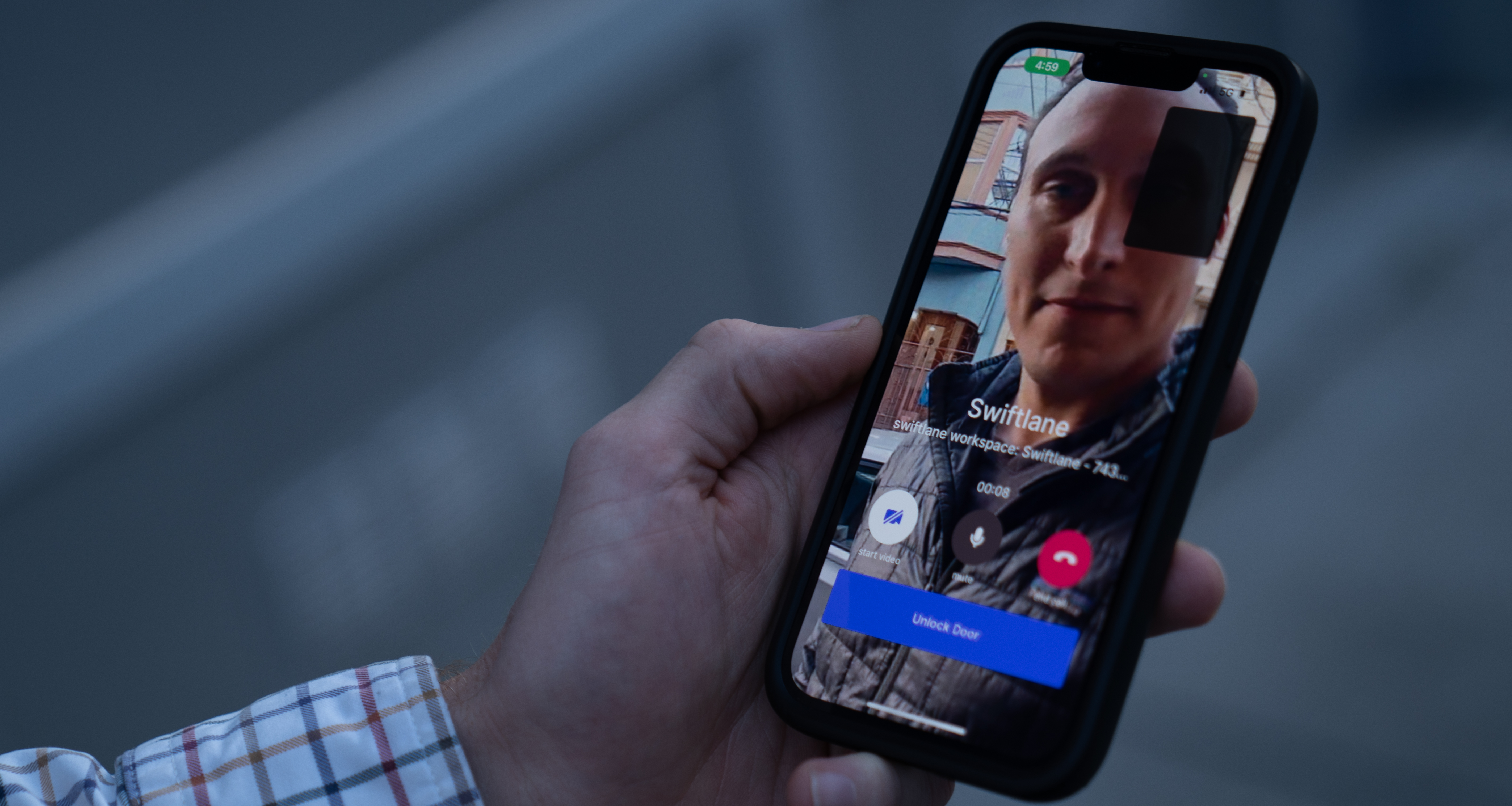 person making a 2 way intercom video call through mobile phone