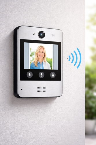 2N intercom system on blank wall