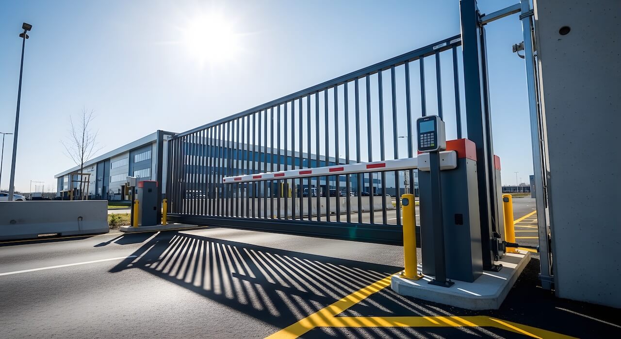 modern security gate and barrier arm control access to a large industrial or business facility