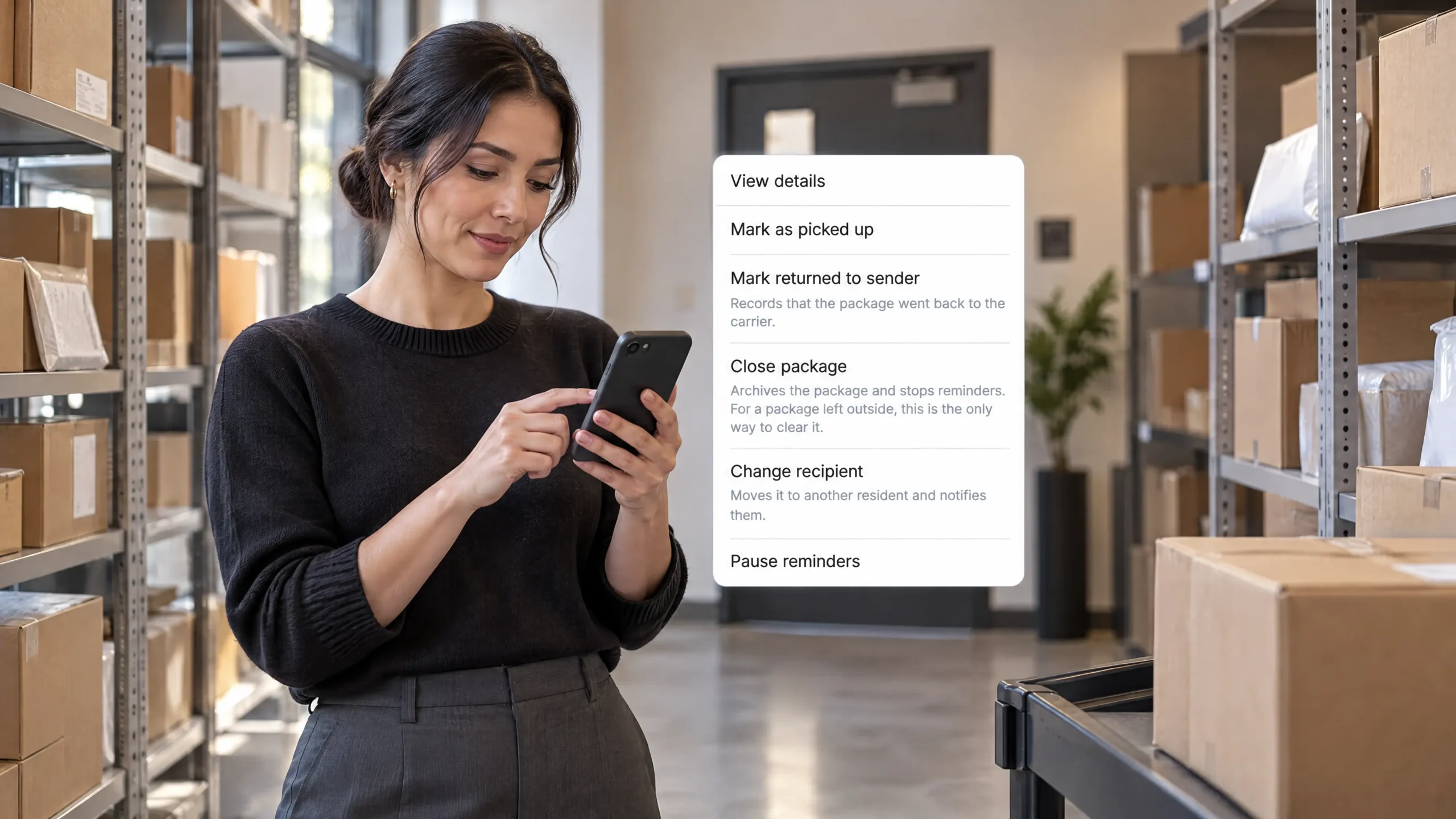 property manager using swiftlane's package room solution on phone