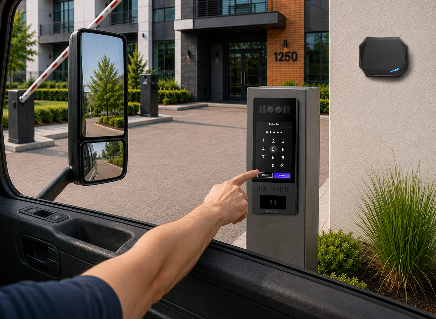 delivery vehicle requesting access via swiftlane intercom