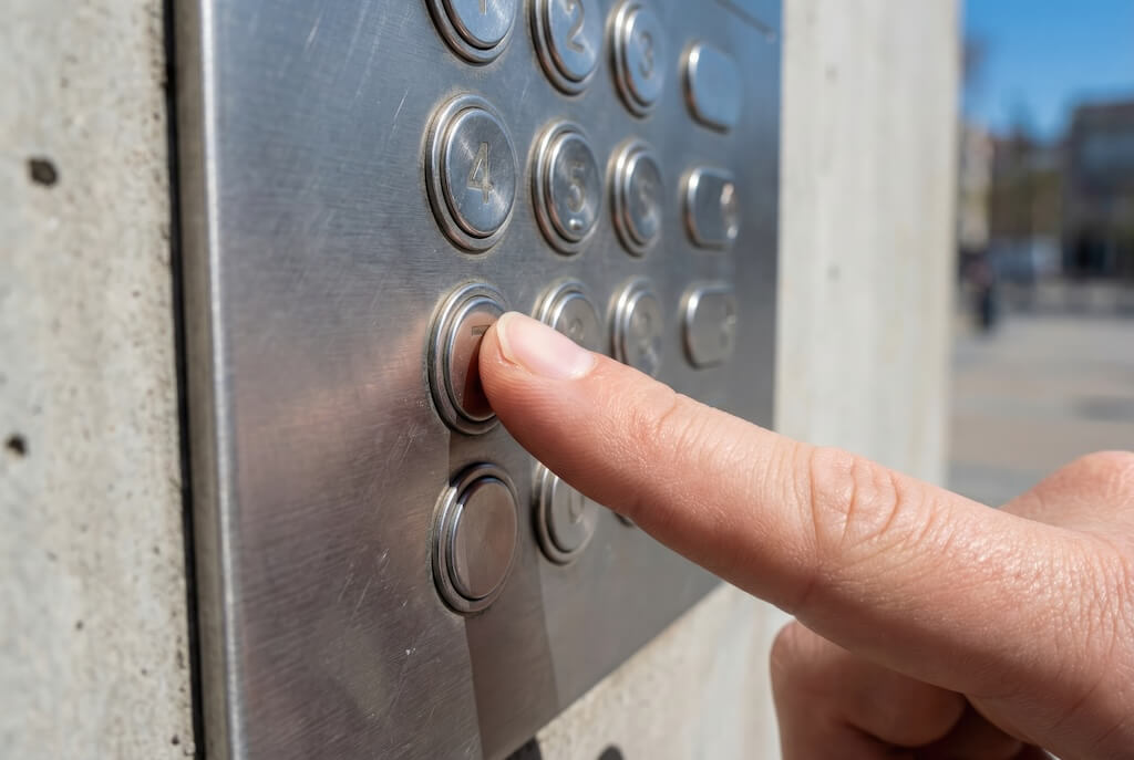 Close up of a finger pressing a button on an outdoor intercom