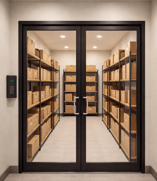 package room with brown boxes