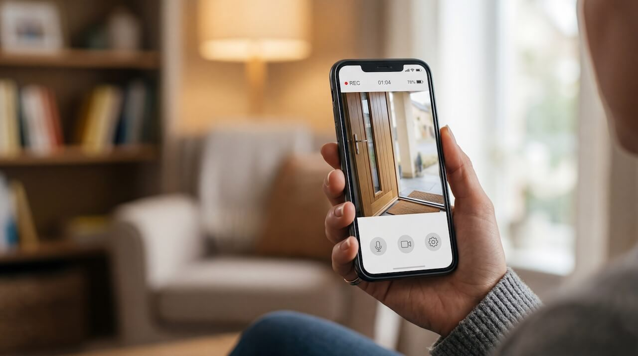Person checks live video doorbell feed on smartphone
