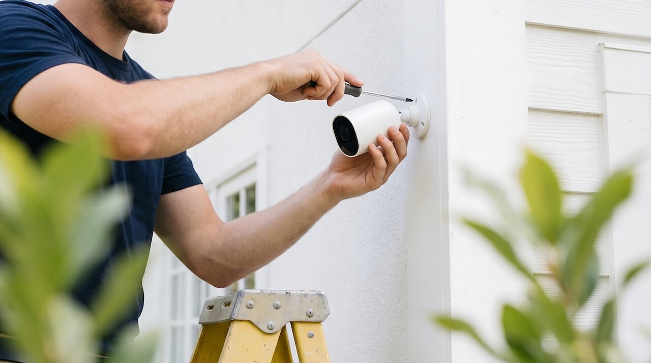 Technician installing modern white wireless outdoor security camera on home wall