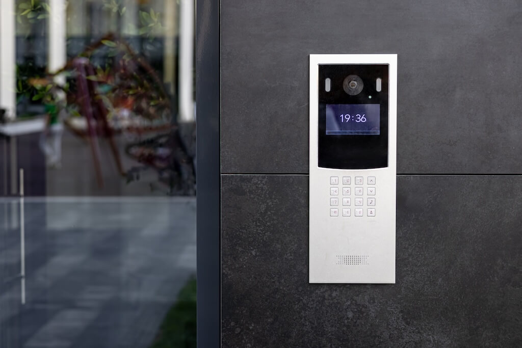 modern intercom in a building wall