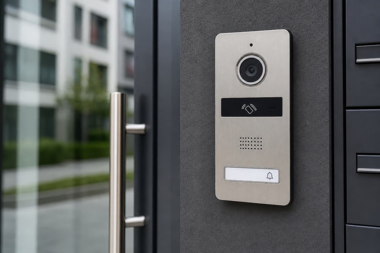Close-up of a modern silver intercom system mounted on a grey building exterior 
