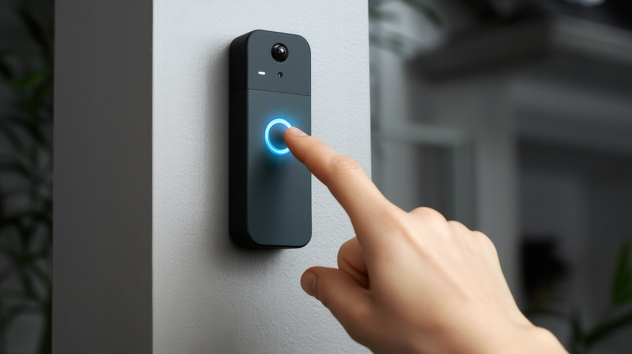 A person presses the illuminated button on a modern smart video doorbell mounted on a wall.