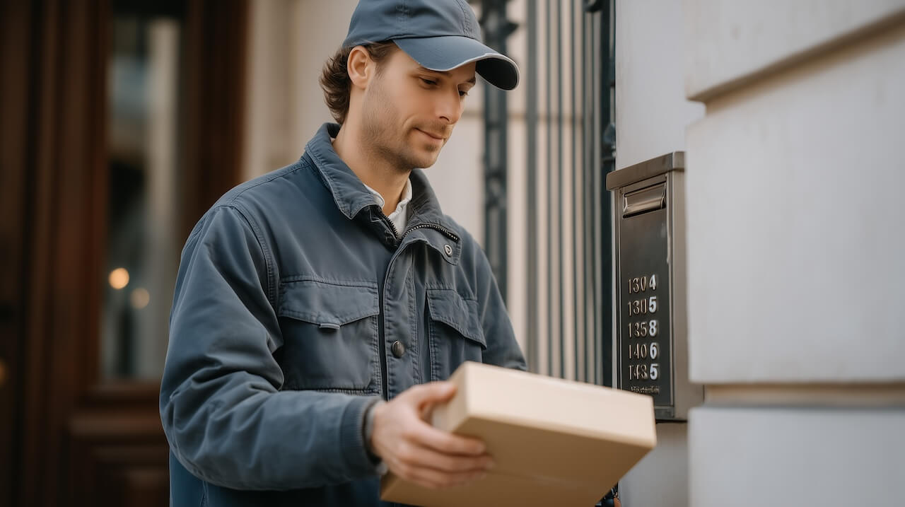 Delivery worker pressing intercom buzzer of gated apartment courtyard,