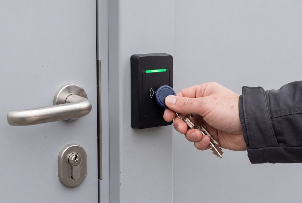 A close-up view of a person's hand holding a blue key fob against a black electronic card reader