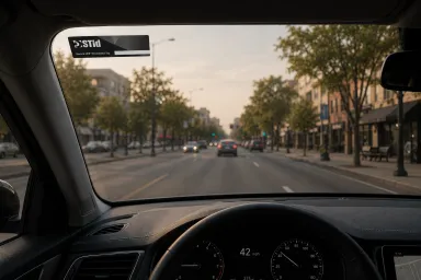 interior of a car showing STiD windshield sticker at the top