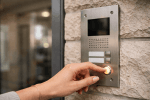 Apartment doorbell intercom system in use