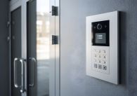 Modern intercom system on the wall near entrance door of a building