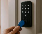 key fob held to a reader in apartment