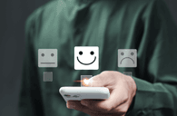 customer giving a product review through his phone