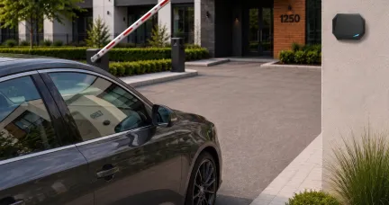 car approaching apartment gate and barrier gate opening by RFiD technology