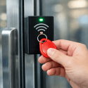 Red key fob being held to a reader on a glass door