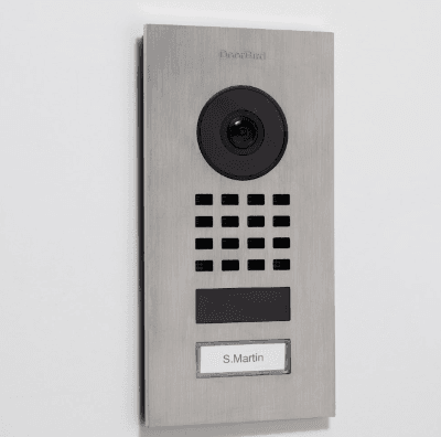doorbird intercom mounted on wall