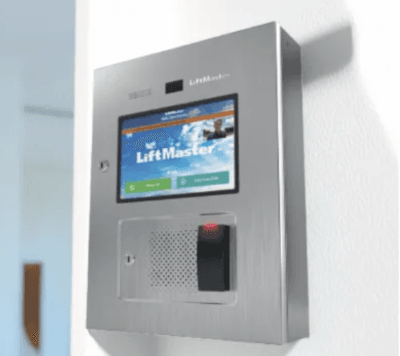 LiftMaster intercom mounted on a wall 