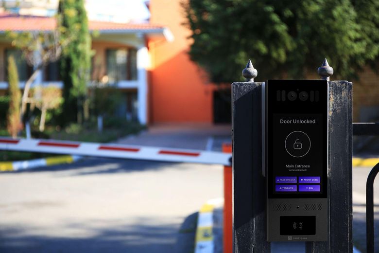 swiftlane intercom on a gate pedestal