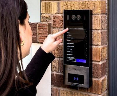 swiftlane video intercom mounted on a building