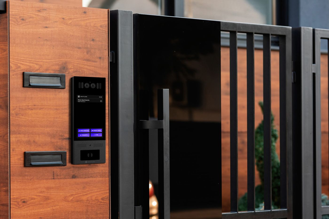 swiftlane intercom mounted on a gate
